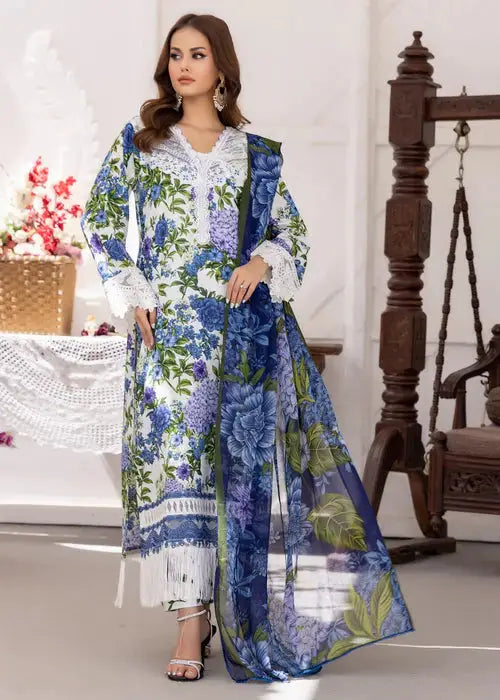 Rangreza Nayab Pret Eid outfit in Pakistani style, featuring a floral lawn kurta with lace detailing, matching trousers, and a chiffon dupatta.