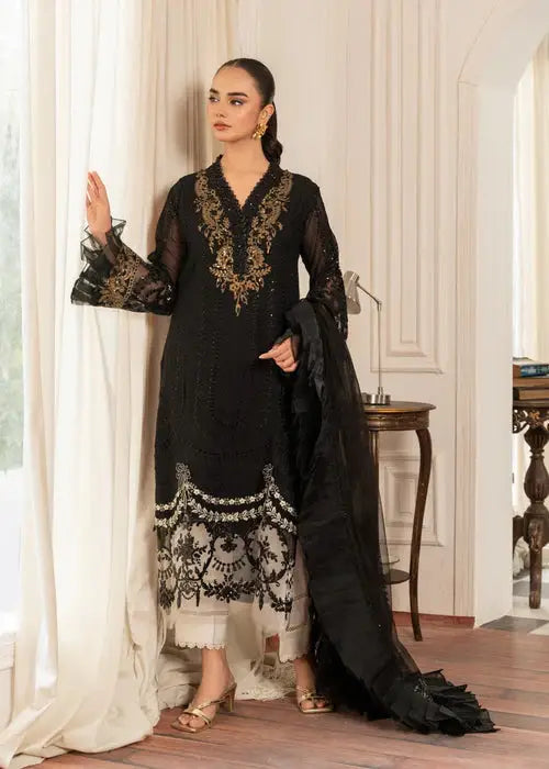 Rangreza Black RR-3993 3-piece Pakistani dress with intricate Chikankari embroidery, featuring gold accents and sheer black dupatta.