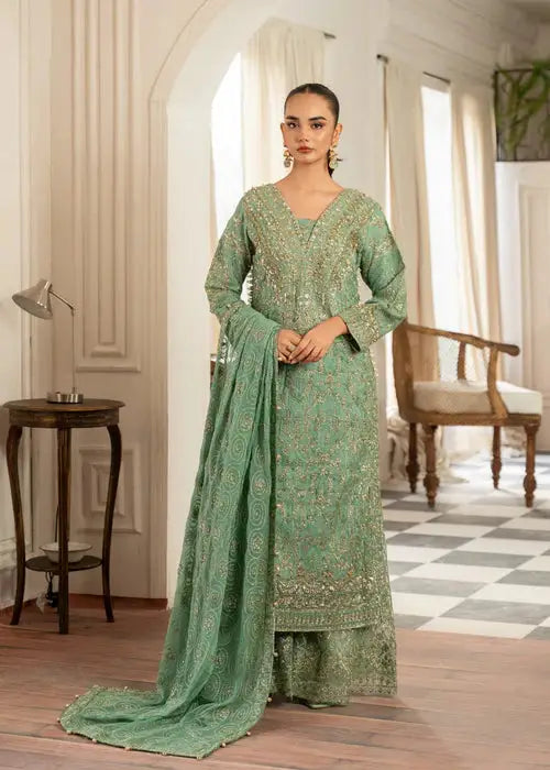 Elegant mint green Pakistani dress, Rangreza RR-3936, with intricate embroidery, chiffon dupatta, and net sharara, perfect for formal events.