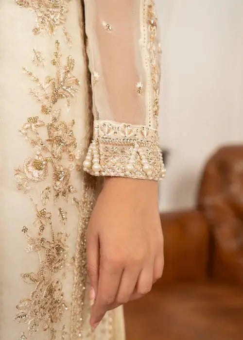 Detailed view of sleeve cuff on Wedding Wear Dress AL-3881 featuring pearl embellishments and intricate threadwork.