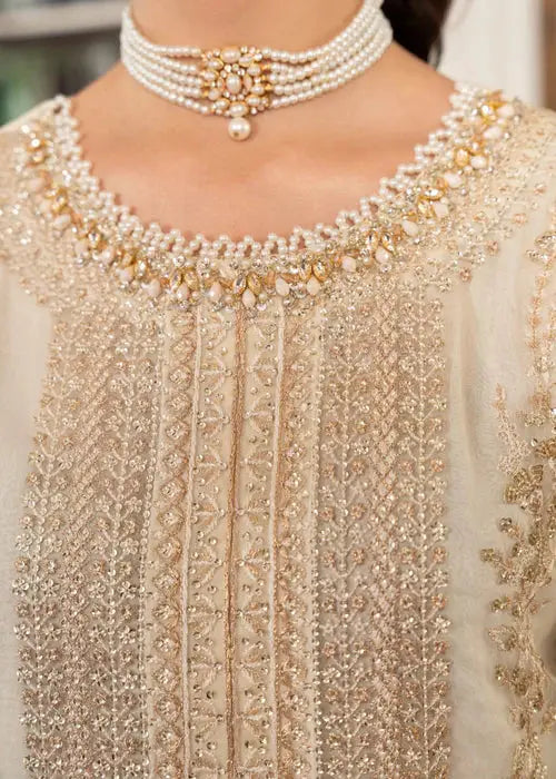 Neckline close-up of Wedding Wear Dress AL-3881 with pearl and sequin embroidery on organza fabric for a luxurious bridal look.
