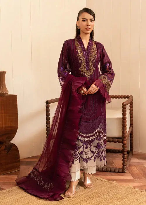 Rangreza Teal-RR-3993 women wedding suit featuring a 3-piece chiffon embroidered kurta set in deep purple with intricate gold detailing.