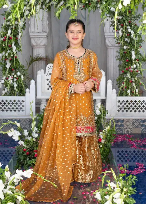 Rangreza Gharara Pakistani Style for Kids in copper orange with intricate organza adda work. A festive 3-piece outfit including shirt, bottom, and dupatta.