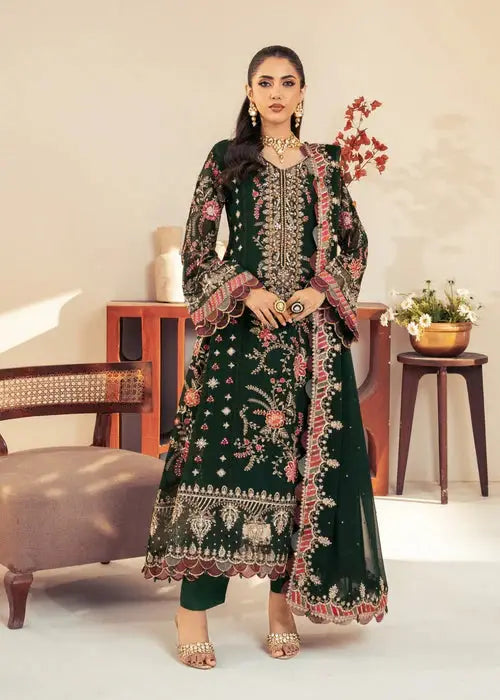 Rangreza Green RR-4077 Pakistani suit featuring embroidered chiffon with intricate floral patterns, ideal for festive occasions.