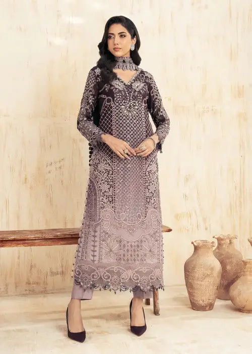 Rangreza Purple RR-4074 festive wear set featuring an embroidered chiffon kurta with intricate patterns, paired with matching trousers and dupatta.