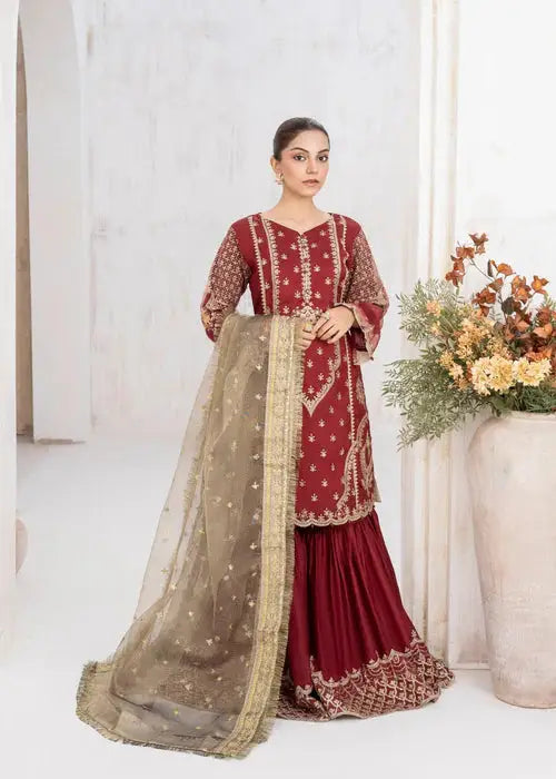 Front view of Rangreza RR-4033 silk Pakistani dress featuring a deep red gharara, gold embroidery, and a matching net dupatta for festive wear.