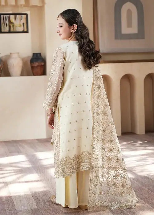 Back view of Rangreza Girls Wedding Kurta Set showing detailed embroidery on shirt and dupatta, ideal for festive kids apparel.