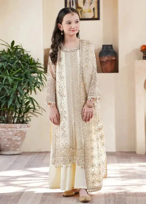 Rangreza Girls Wedding Kurta Set in cream and gold tones, featuring festive embroidery and matching dupatta for kids clothing.