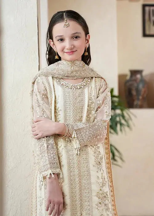 Close-up of Rangreza Girls Wedding Kurta Set highlighting intricate neckline and sleeve embroidery, perfect for festive occasions.