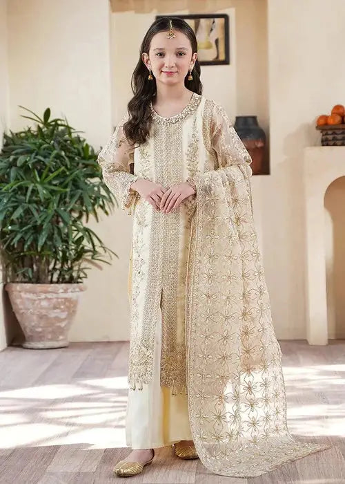Front view of Rangreza Girls Wedding Kurta Set with embroidered organza shirt, matching pants, and dupatta for special events.