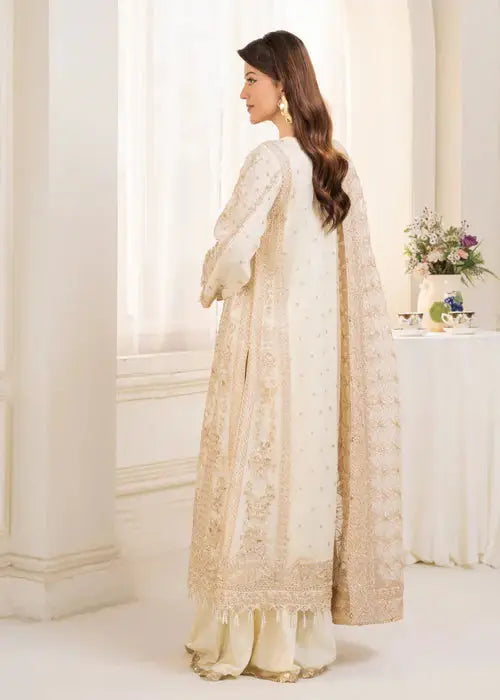 Back view of Wedding Wear Dress AL-3881 pearl kurta set showcasing detailed embroidery on organza dupatta and shirt.