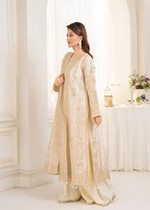 Side profile of Wedding Wear Dress AL-3881 pearl kurta set with elegant embroidery and tassel detailing on the hem.