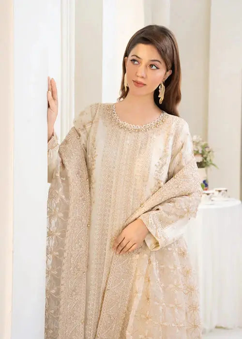 Close-up of Wedding Wear Dress AL-3881 highlighting the neckline and delicate sequin embroidery on the organza kurta.