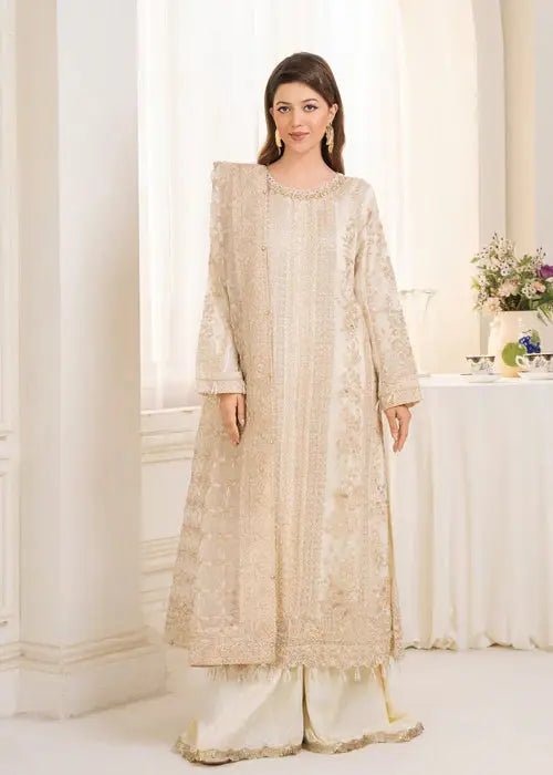 Wedding Wear Dress AL-3881 pearl kurta set with organza top, featuring intricate adda work and sequin embroidery in a full front view.