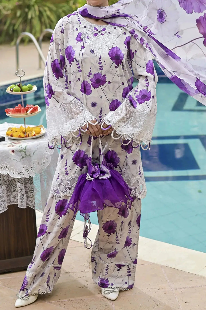 RAFIA Lawn Purple - Rafias Outfit | Embroidered Lawn Set featuring a floral printed shirt, matching pants, and printed dupatta with lace details.