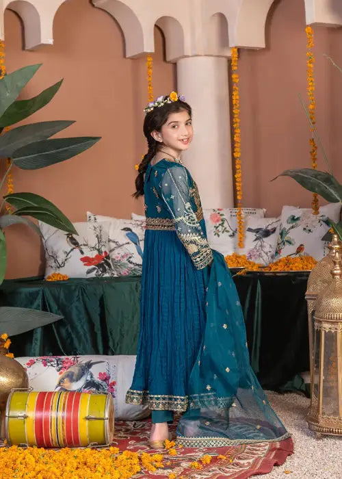 Back view of Rangreza blue party wear dress for girls with detailed embroidery, showcasing chiffon shirt, organza dupatta, and viscose trousers.