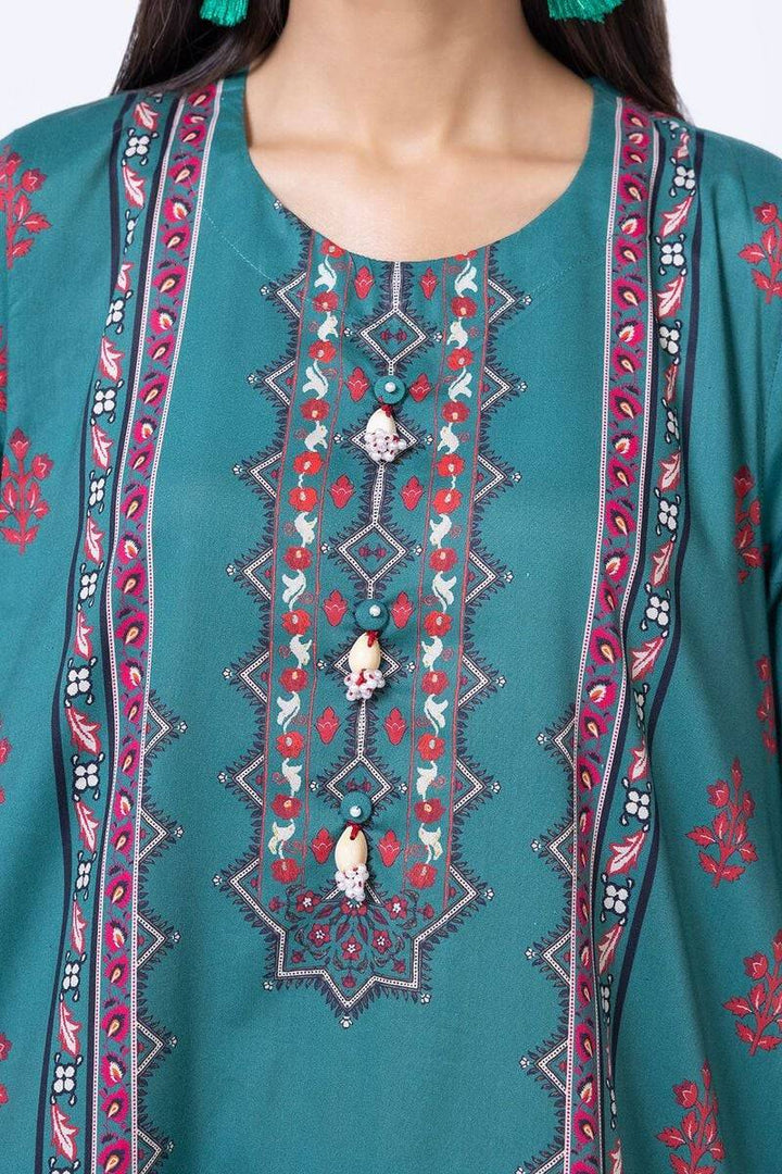 Close-up of embroidered neckline on teal green Khaadi kurta EET24638A with bead embellishments and detailed stitching.