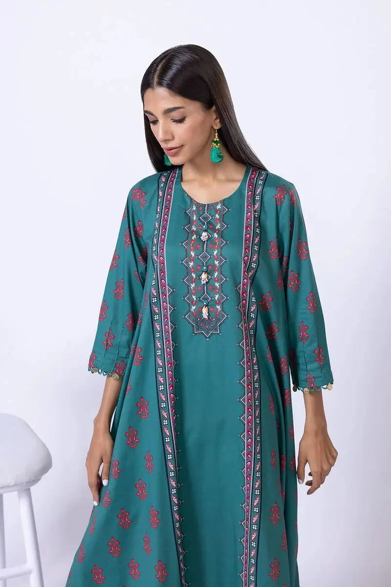 Front view of teal green Khaadi kurta EET24638A with intricate embroidery, red floral patterns, and three-quarter sleeves.