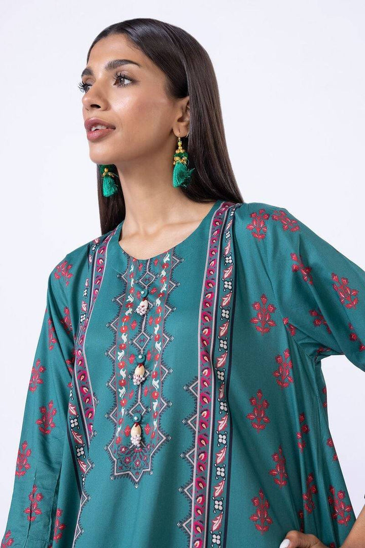 Detailed view of Khaadi kurta EET24638A highlighting the embroidered neckline and vibrant red floral motifs on teal fabric.