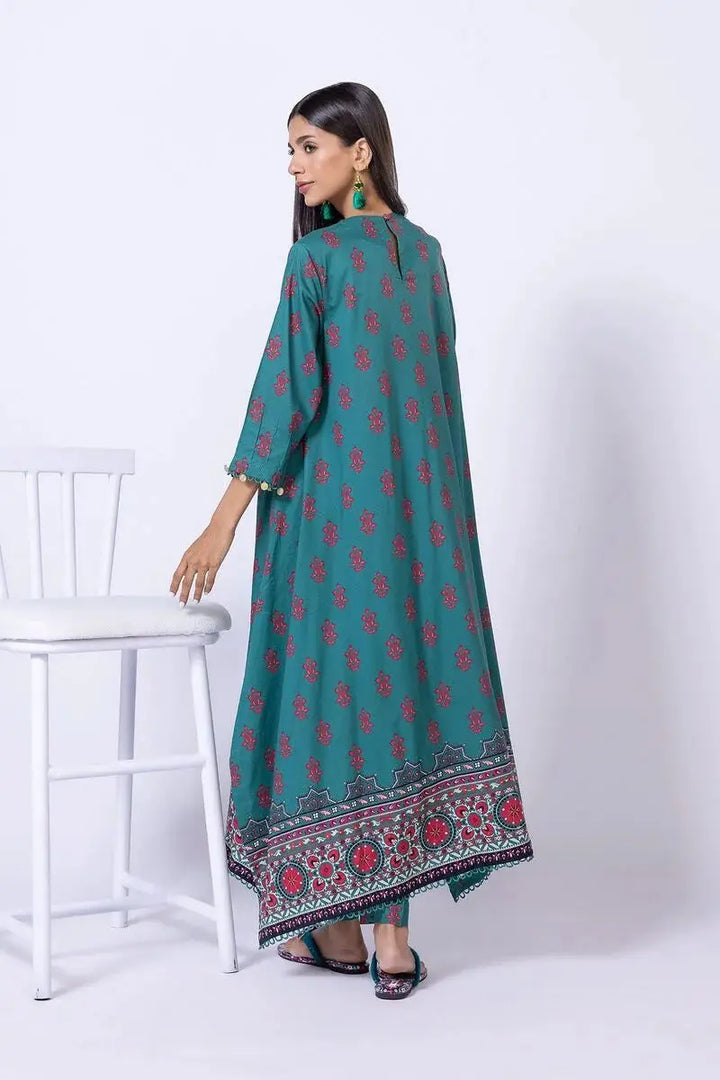 Back view of teal green Khaadi kurta EET24638A featuring red floral motifs and a detailed border design on the hem.