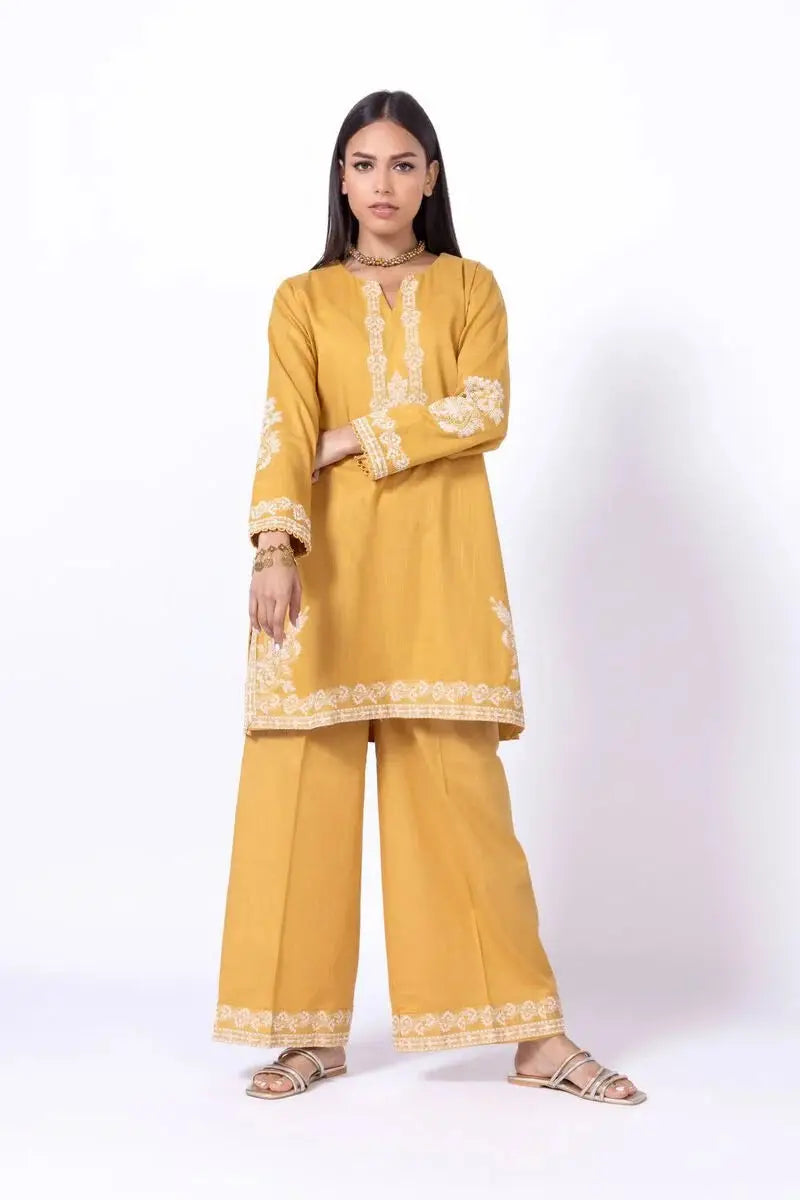 Full view of KHAADI 2P EET24701B mustard yellow embroidered kurta with matching trousers, showcasing traditional design and relaxed fit.