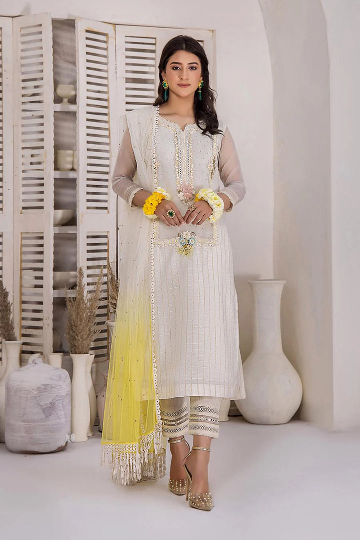 KHUDA BAKSH Ready To Wear woman in a white and yellow outfit