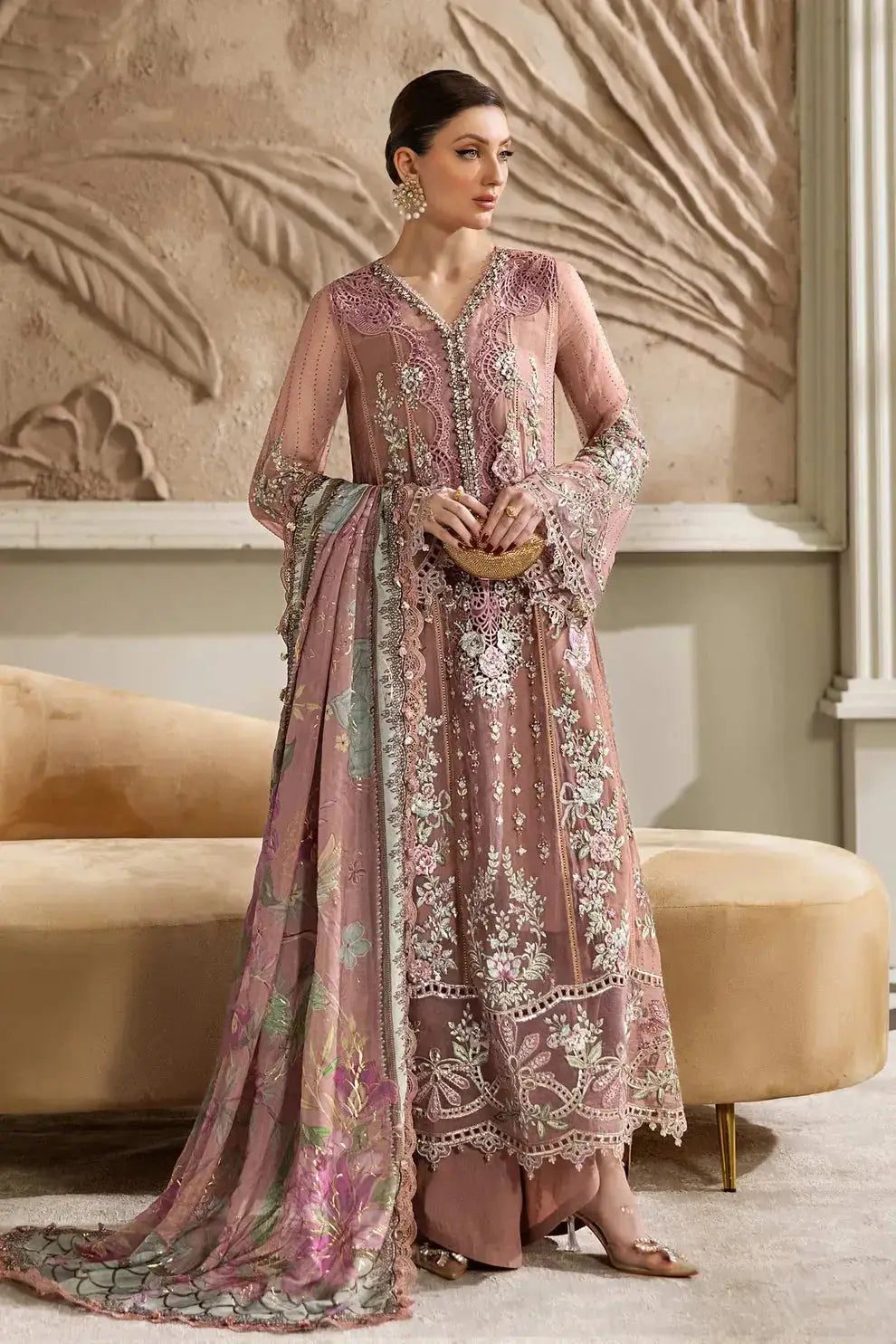 RANGREZA AL-4352 formal pink outfit featuring embroidered chiffon shirt, matching trousers, and floral dupatta for Pakistani clothes online pk.