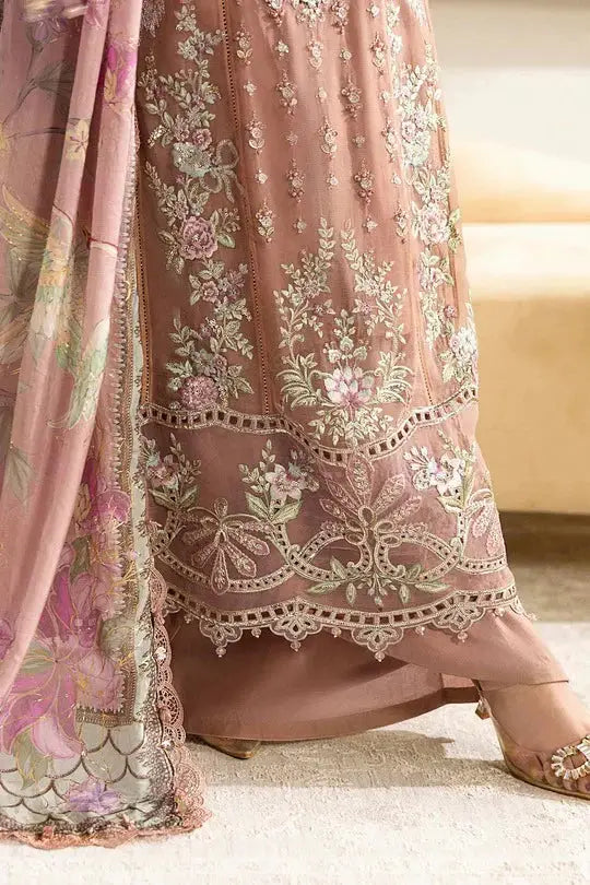 Detailed view of RANGREZA AL-4352 lower hem embroidery and floral dupatta design, showcasing luxury Pakistani formal wear craftsmanship.