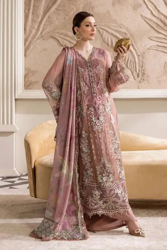 Elegant RANGREZA AL-4352 tea pink ensemble with intricate embroidery and sheer dupatta, ideal for formal wear in Pakistani clothes online pk.