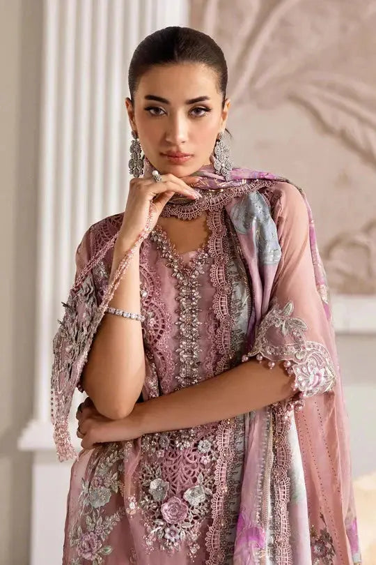 Close-up of RANGREZA AL-4352 showcasing delicate neckline embroidery and floral detailing on chiffon fabric, perfect for formal Pakistani attire.