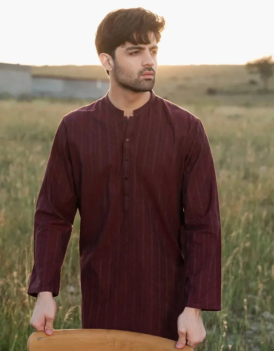 Junaid Jamshed Kurta - Maroon Cotton Semi-Formal