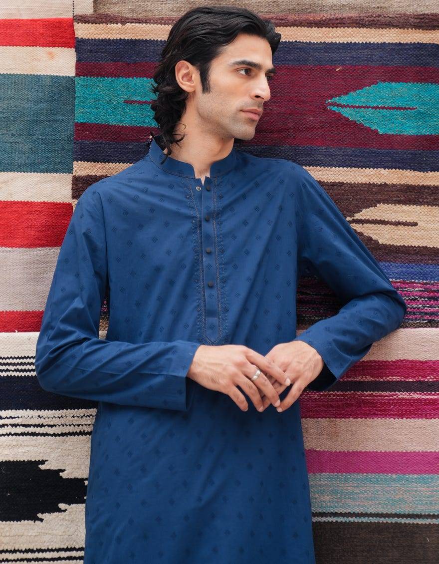 J. Men blue cotton schiffli formal kurta | JJKS-50068