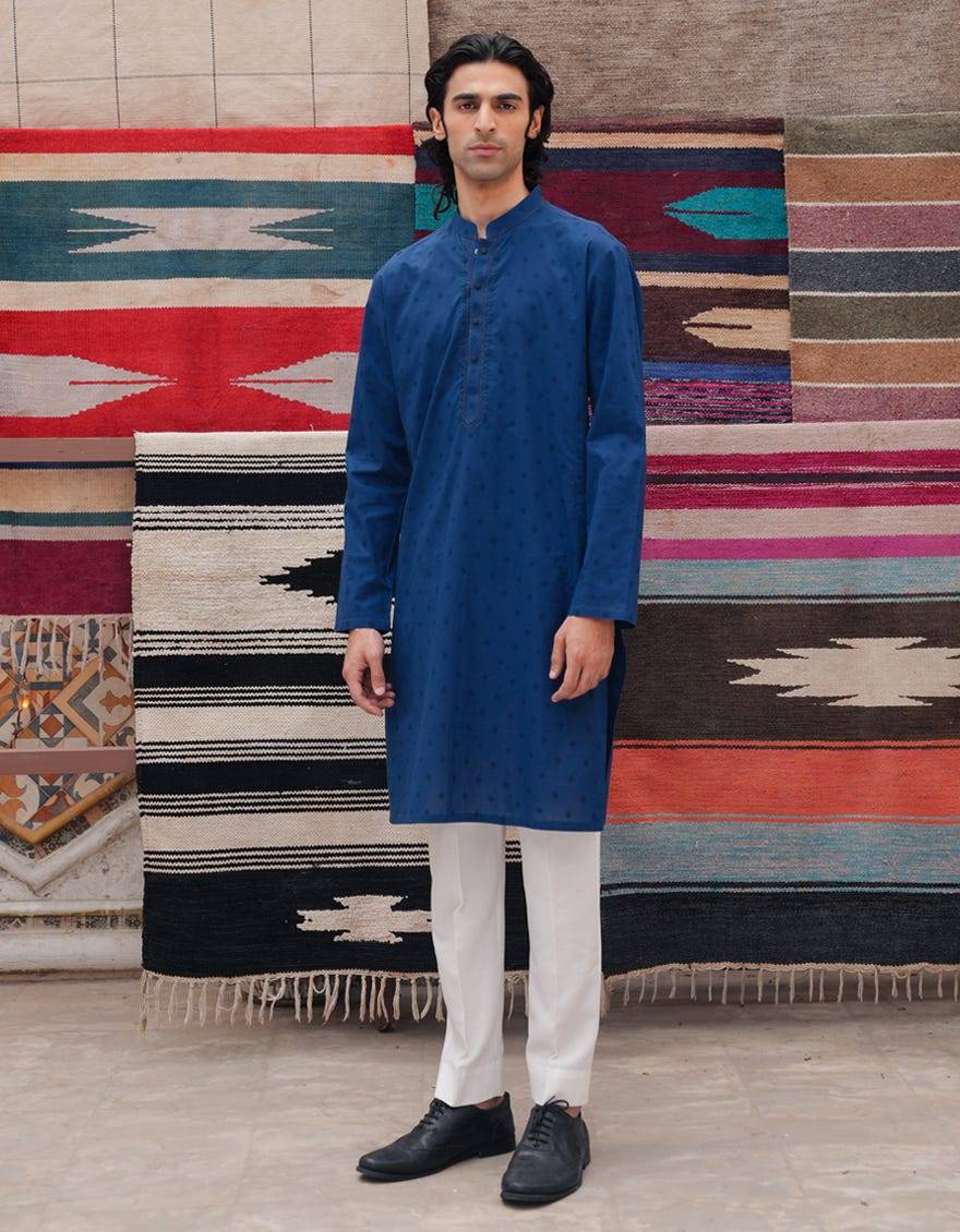 J. Men blue cotton schiffli formal kurta | JJKS-50068