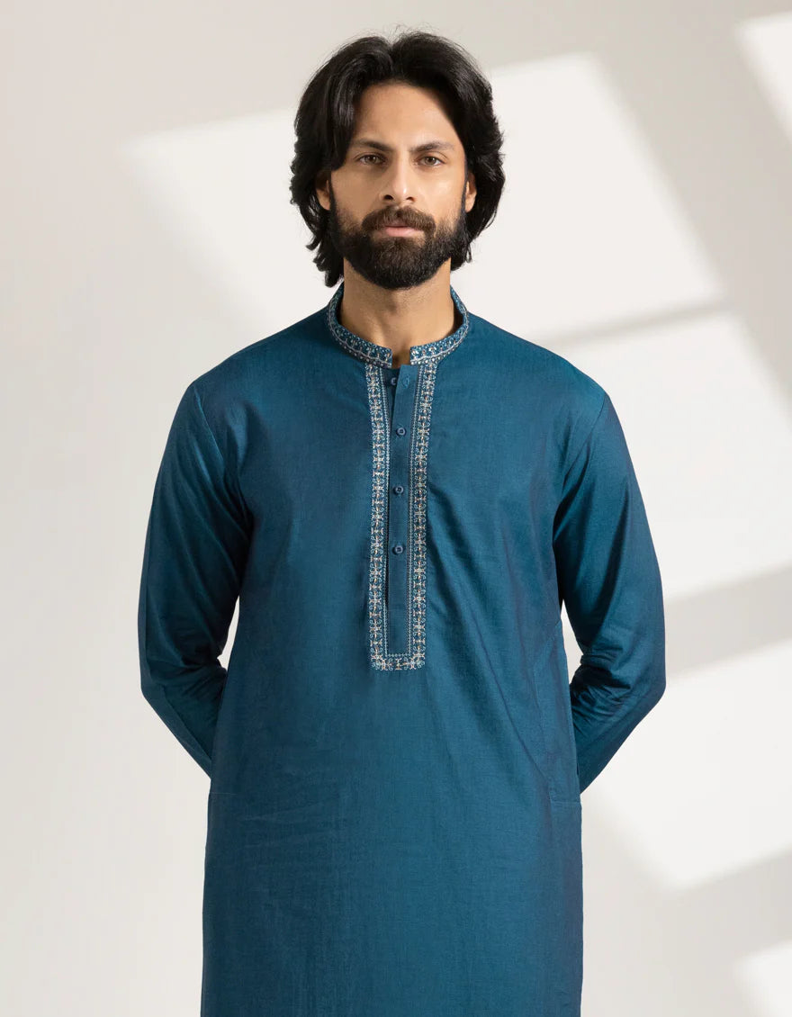 Green Blended Semi-Formal Kurta | Jjks50276