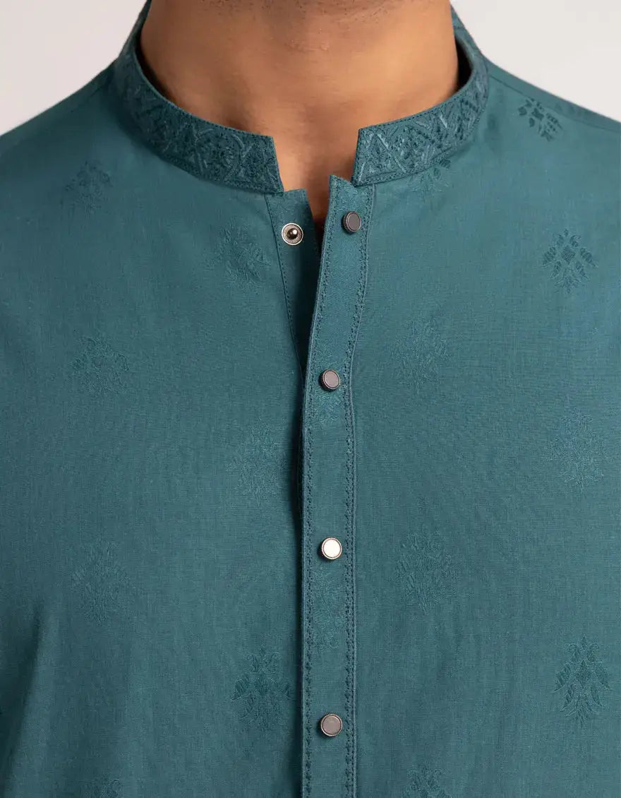 Detailed view of collar and button placket on J. Green Cotton Semi-Formal Kurta JJK-A-33683-05. Embroidered band collar adds elegant touch.