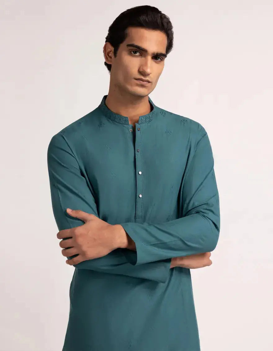 Close-up of J. Green Cotton Semi-Formal Kurta showing regular fit and soft cotton texture. Perfect for all-season semi-formal occasions.