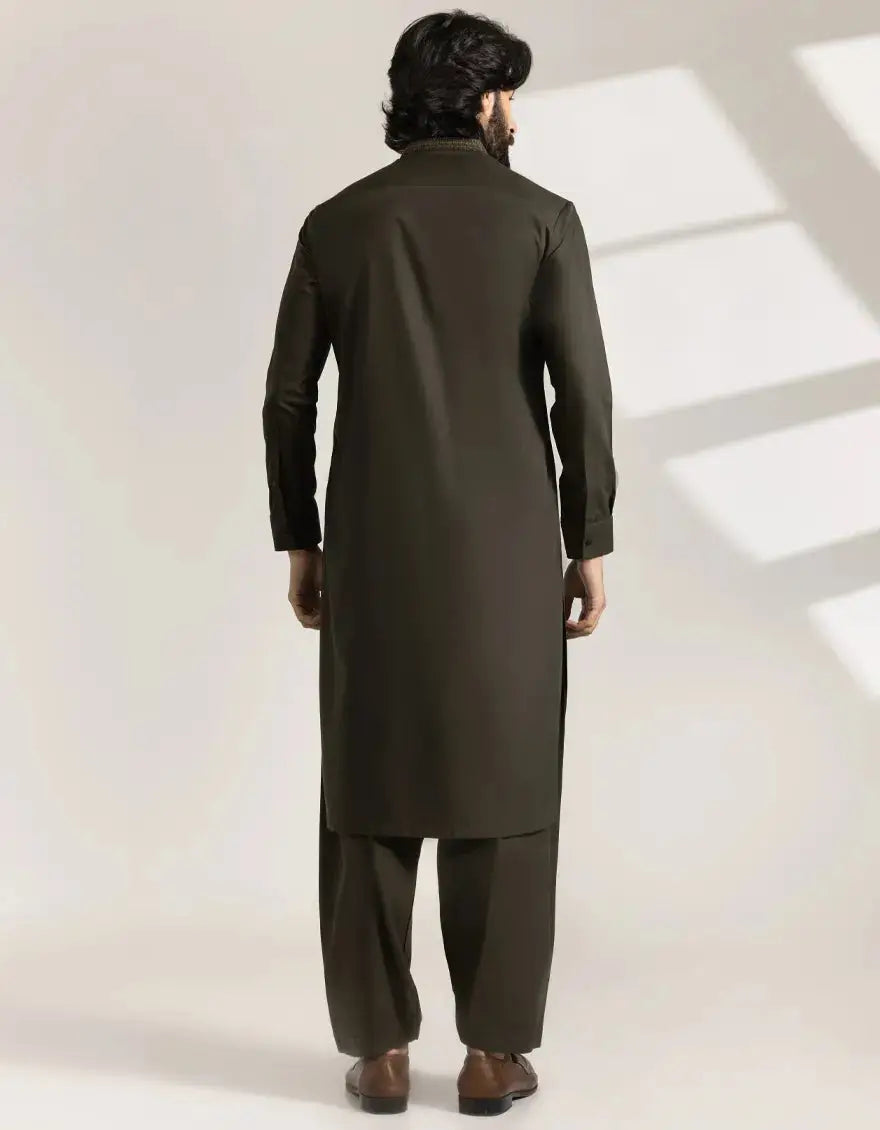 Back view of J. Army Green Blended Kameez Shalwar showcasing clean tailoring and traditional straight-cut design.