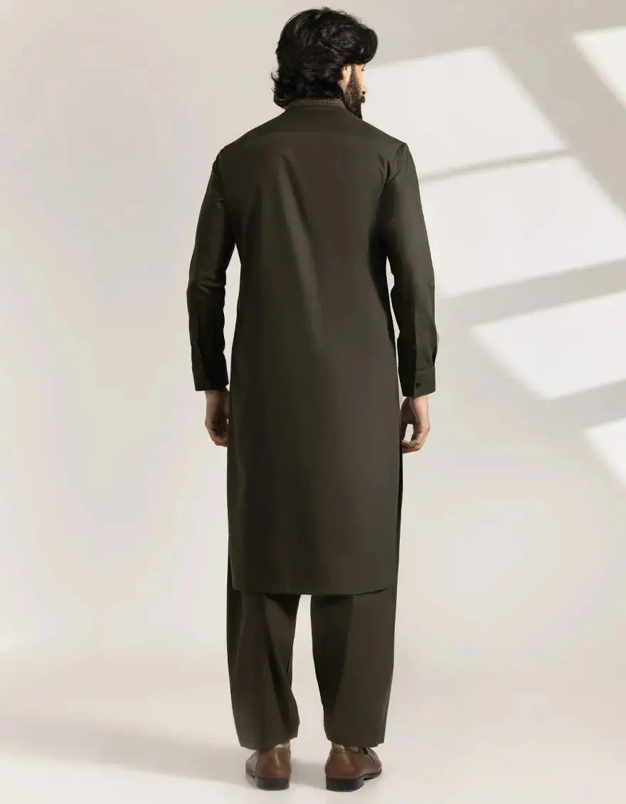 Rear angle of Junaid Jamshed's Army Green Semi-Formal Kameez Shalwar, highlighting the smooth fabric and classic silhouette.