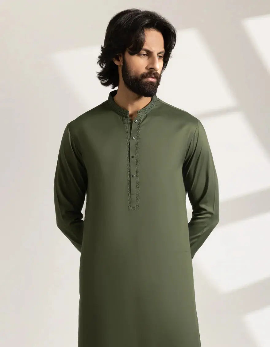 Close-up front view of Kurta Green - Semi-Formal Regular Fit shirt highlighting the elegant neckline and button placket design.