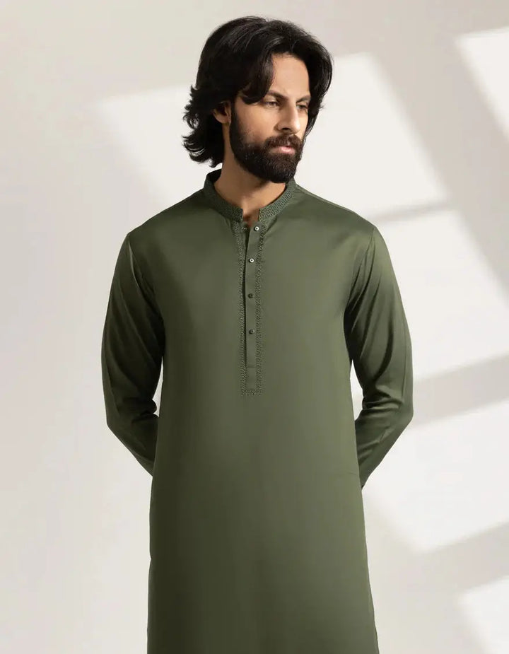 Close-up front view of Kurta Green - Semi-Formal Regular Fit shirt highlighting the elegant neckline and button placket design.