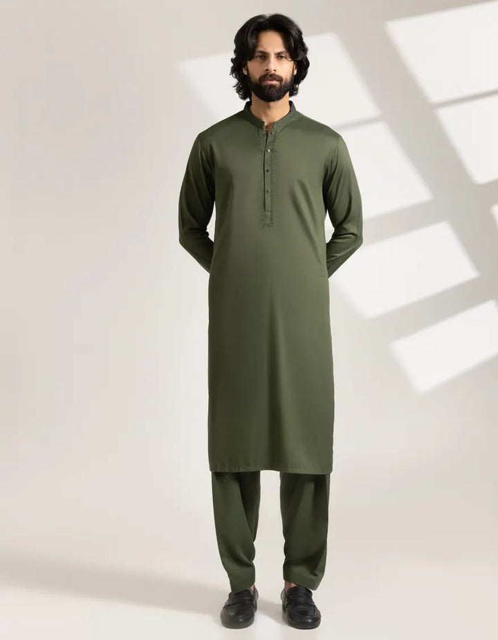 Green Kameez Shalwar - Semi-Formal | Blended Fabric outfit featuring a full front view of a man wearing a dark green kameez with matching shalwar.