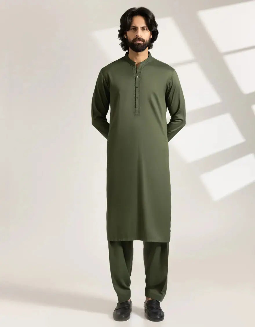 Kurta Green - Semi-Formal Regular Fit 2 Piece set featuring a long-sleeve blended shirt and matching trousers, ideal for stylish occasions.