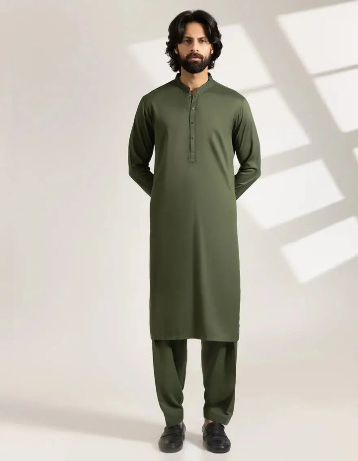 Kurta Green - Semi-Formal Regular Fit 2 Piece set featuring a long-sleeve blended shirt and matching trousers, ideal for stylish occasions.