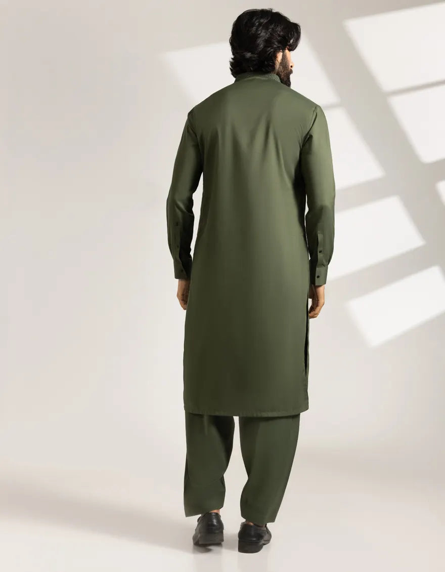 Green Kameez Shalwar - Semi-Formal | Blended Fabric rear view highlighting the back design and fit of the green blended fabric kameez and shalwar.