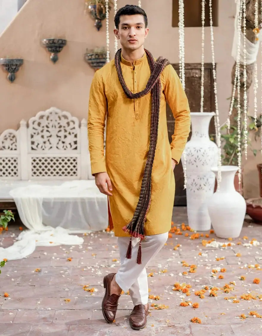 J. Men yellow cotton special kurta | JJKSPA-48169