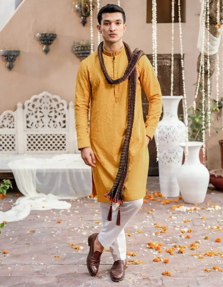 J. Men yellow cotton special kurta | JJKSPA-48169