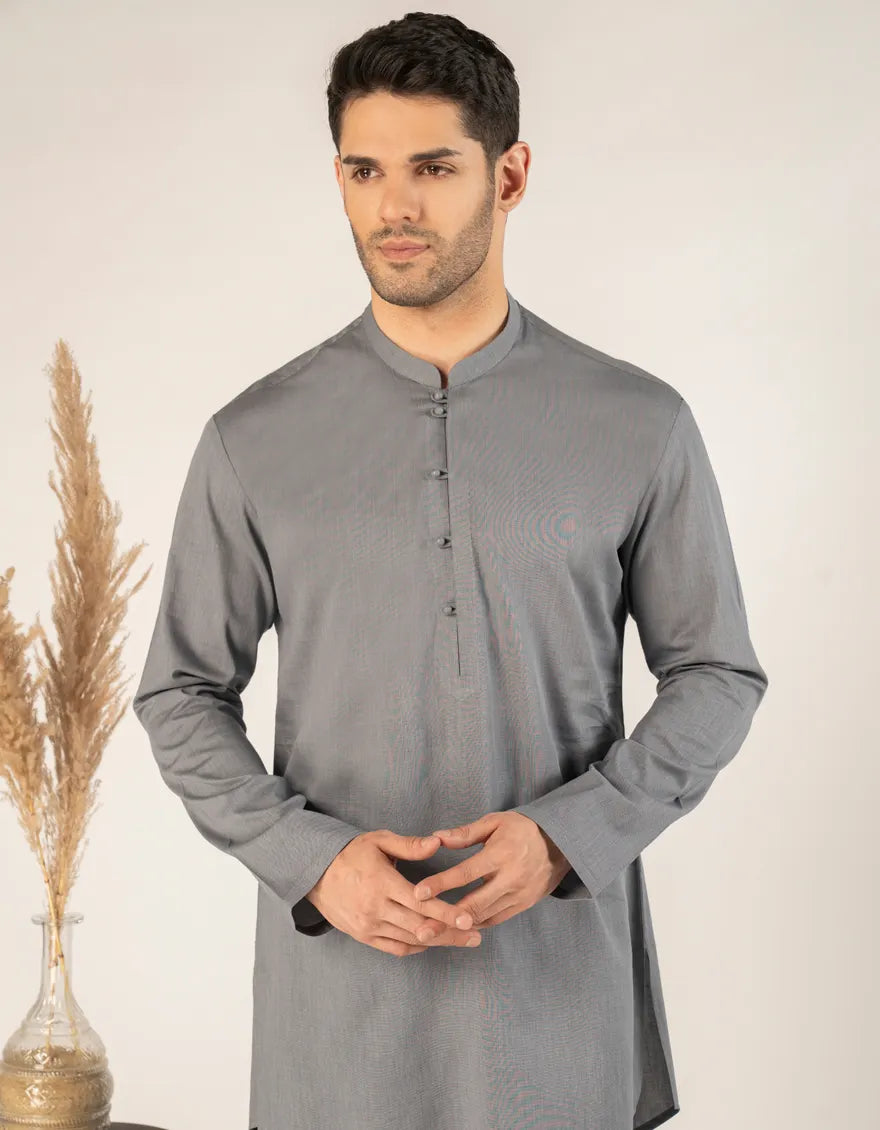 Close-up of Grey Kurta Trouser Jjshkpa50155 showing mandarin collar and button placket, crafted in breathable cotton for festive occasions.