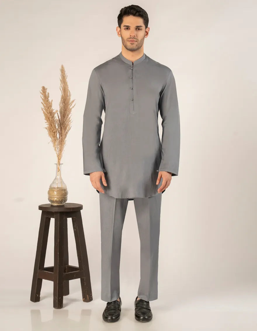 Grey Kurta Trouser Jjshkpa50155 in cotton fabric, featuring a straight fit design with full sleeves, ideal for festive wear in the apparel category.
