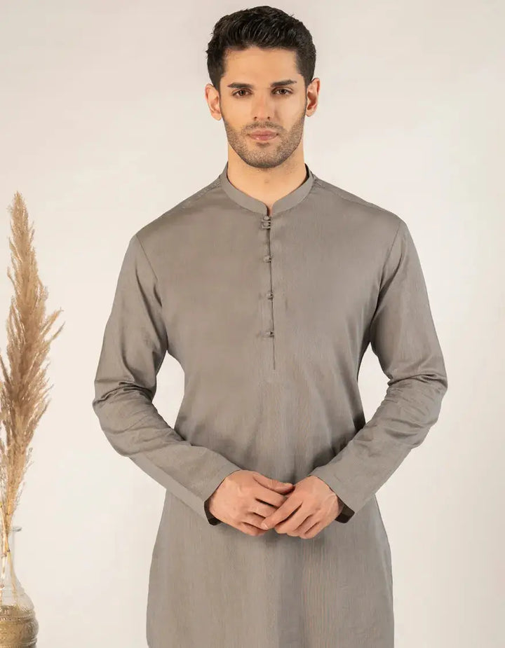 Short Kurta - Stone Grey Cotton Mens Casual Kurta Trousers with classic fit and mandarin collar, ideal for festive and casual wear.