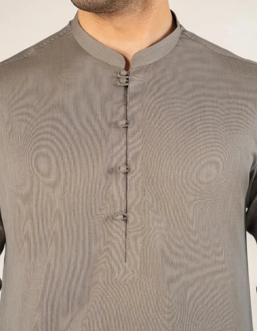Close-up of Stone Grey Cotton Mens Casual Short Kurta showing button placket and textured fabric, perfect for stylish ethnic looks.